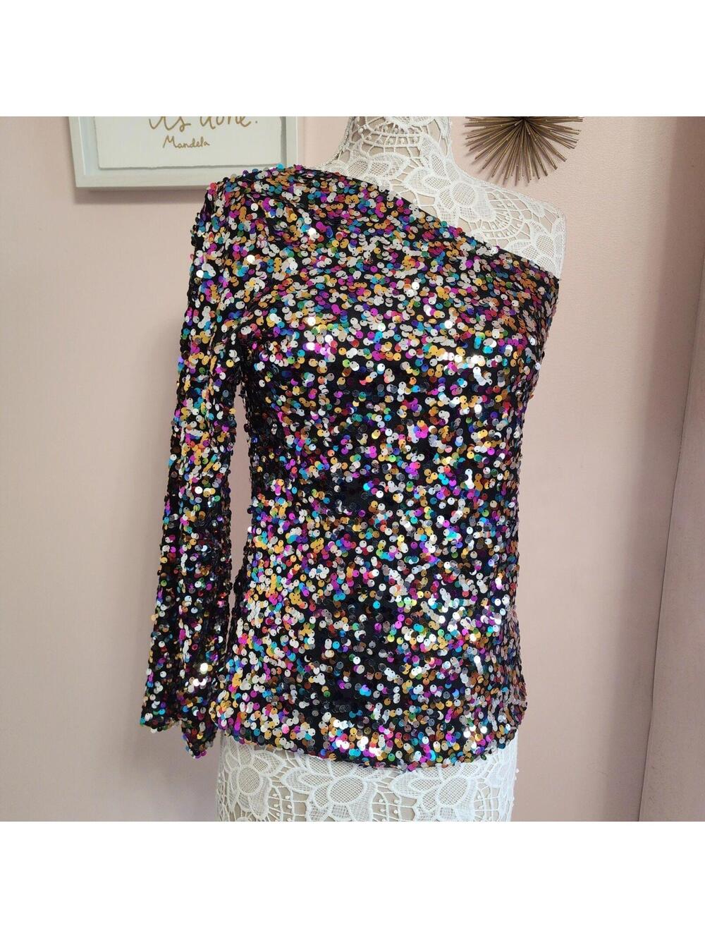NWT Anna Kaci Sexy One Shoulder Sequin Top Party Blouse M